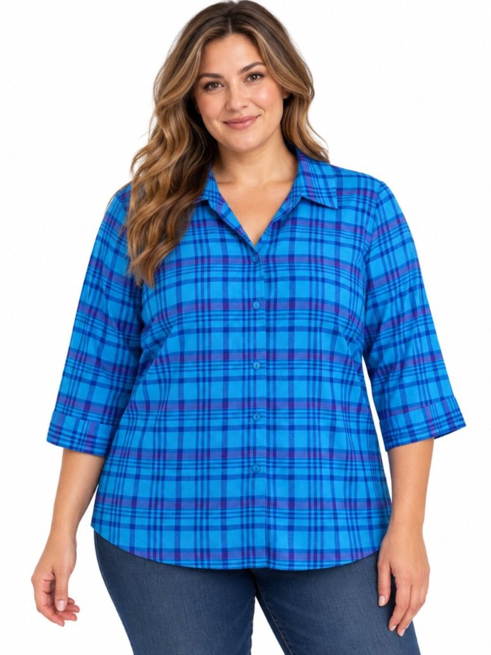 Sag Harbor Women's 18W Blue Plaid Button Front 3/4 Sleeve Blouse Top
